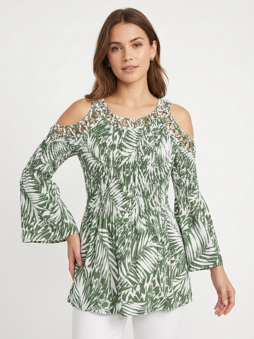 Ninety Green and White Cold-Shoulder Leaf-Print Blouse